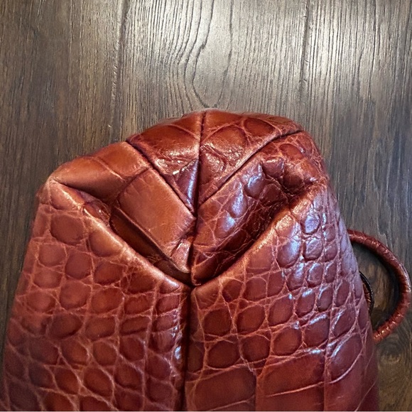 Furla Crocodile Embossed Leather 2 Handles Satchel Handbag Purse Tote Burgundy - Picture 6 of 17